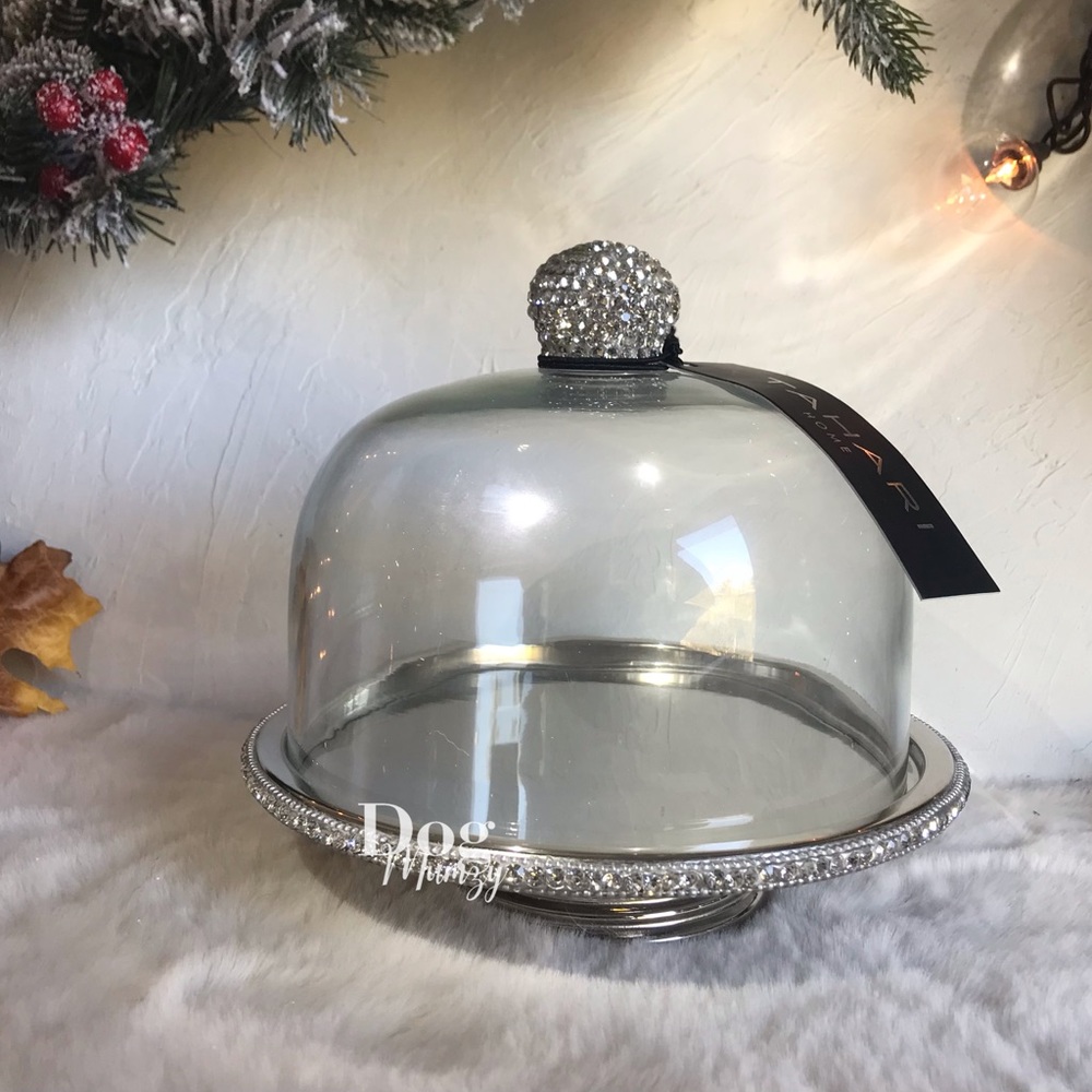 Tahari Rhinestone Crystal Round Pastry Metal Tray with Cloche